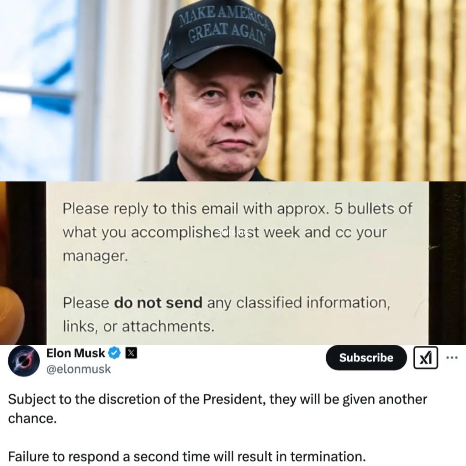 Elon musk tells all us government workers they will be fired if they dont send email listing 5 things they accomplished at work in the past week