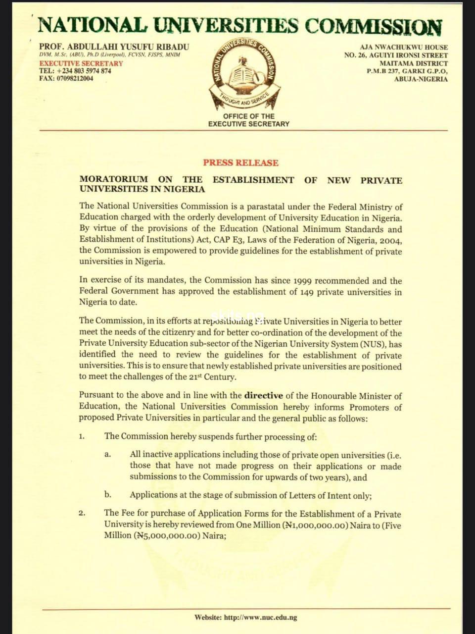 Fg hikes private universities application fees from e282a66 to e282a630 million