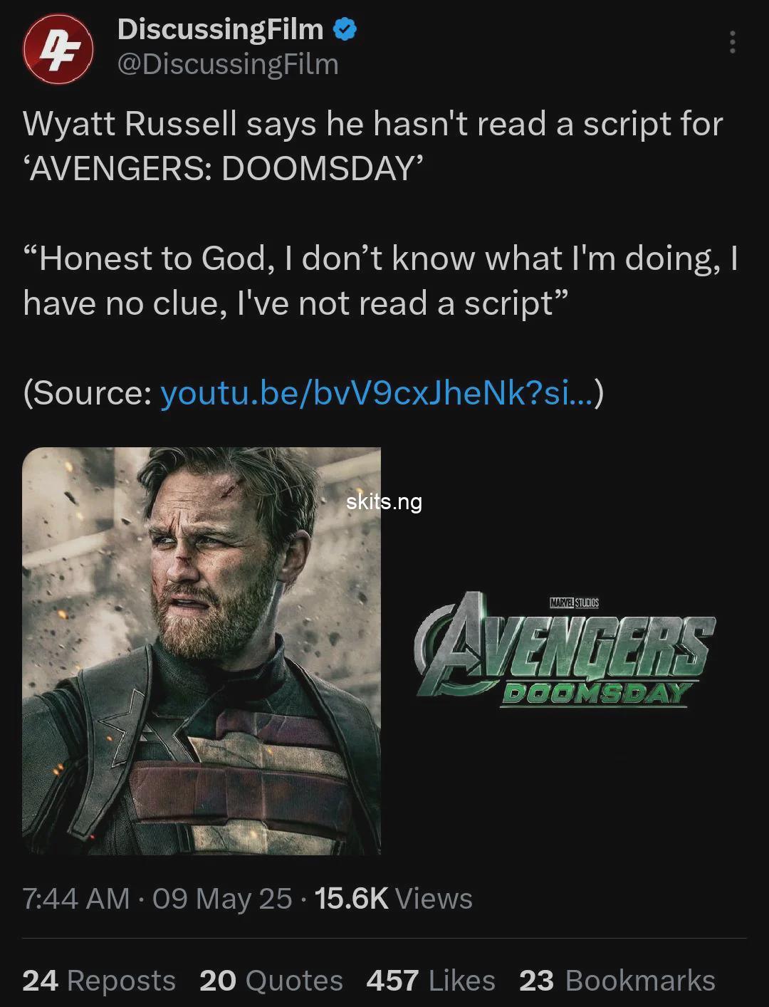 Mcu actor wyatt russell on avengers doomsday i have not read a script