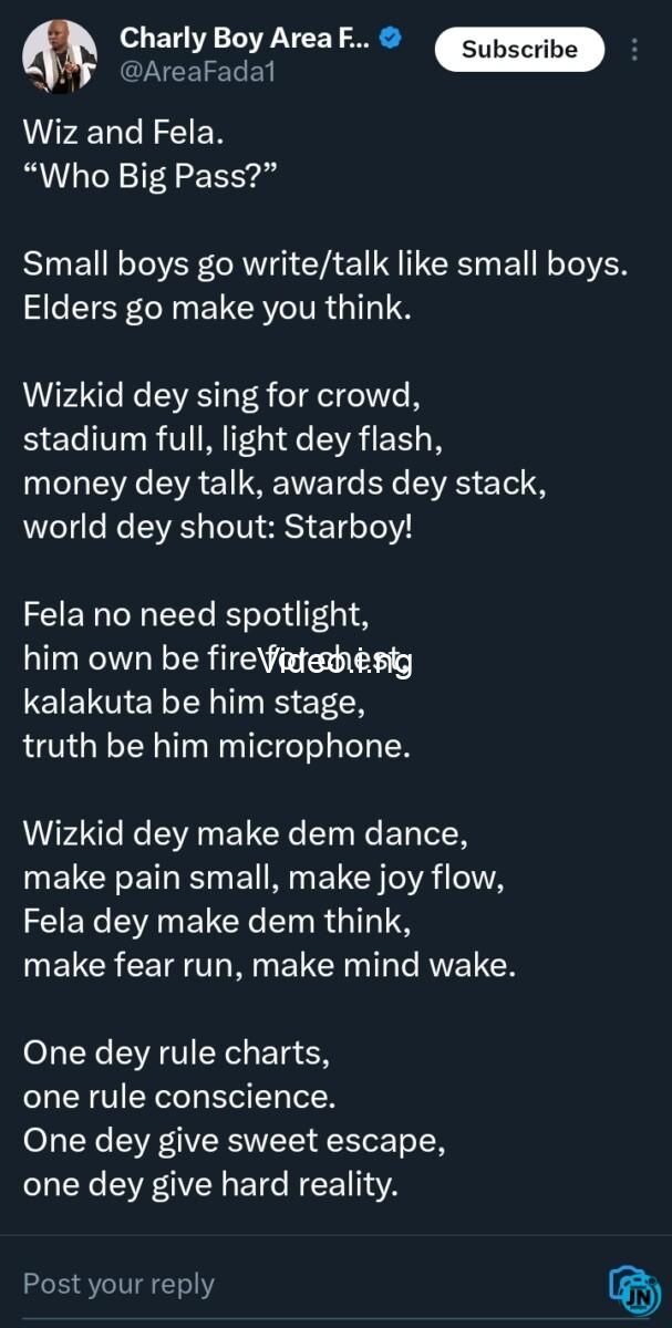 River and fire no dey compete charly boy compares fela kuti with wizkid amid social media clashes